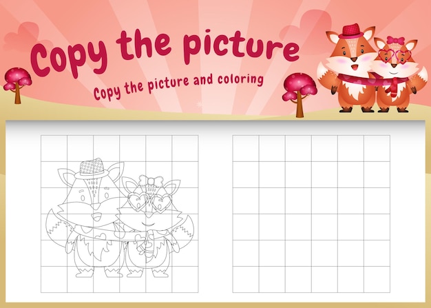 Copy the picture kids game and coloring page with a cute fox using valentine costume