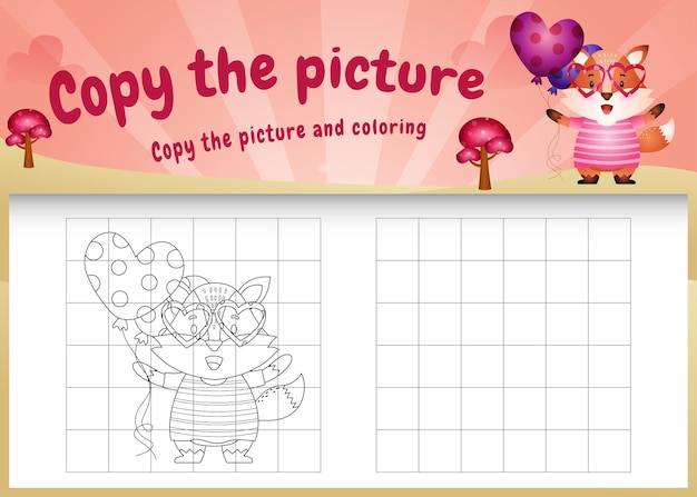 Copy the picture kids game and coloring page with a cute fox using valentine costume