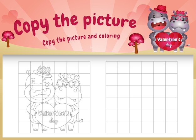 Copy the picture kids game and coloring page with a cute hippo using valentine costume