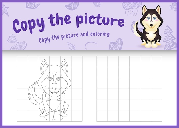 Copia l'immagine del gioco per bambini e la pagina da colorare con un simpatico cane husky