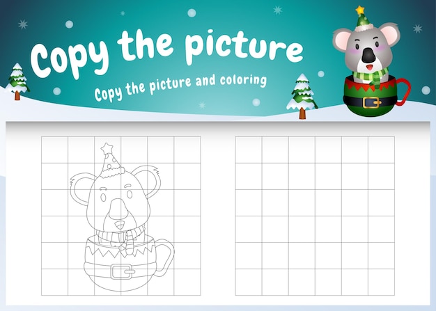 Copy the picture kids game and coloring page with a cute koala on the cup