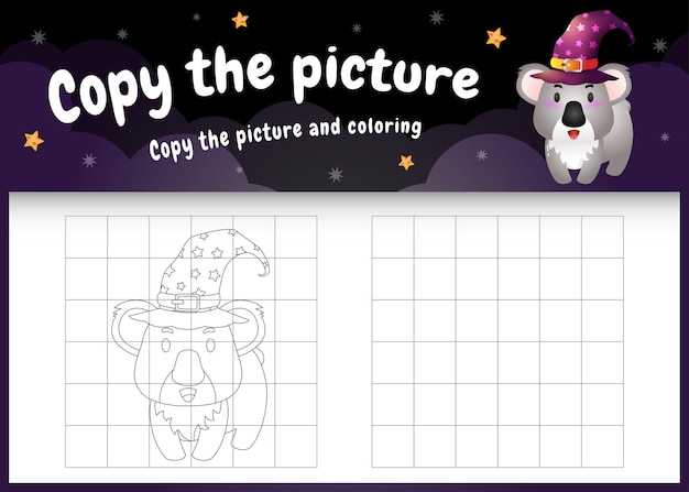 Copy the picture kids game and coloring page with a cute koala using halloween costume