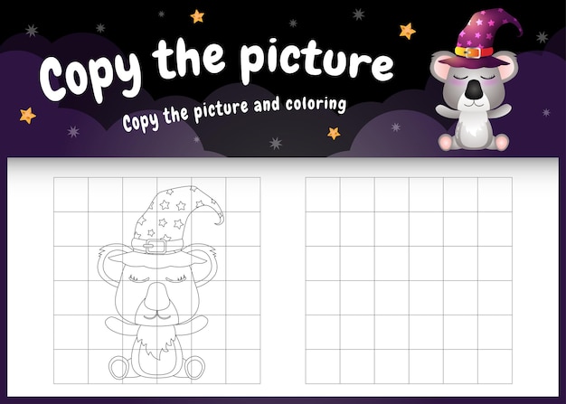 Copy the picture kids game and coloring page with a cute koala using halloween costume