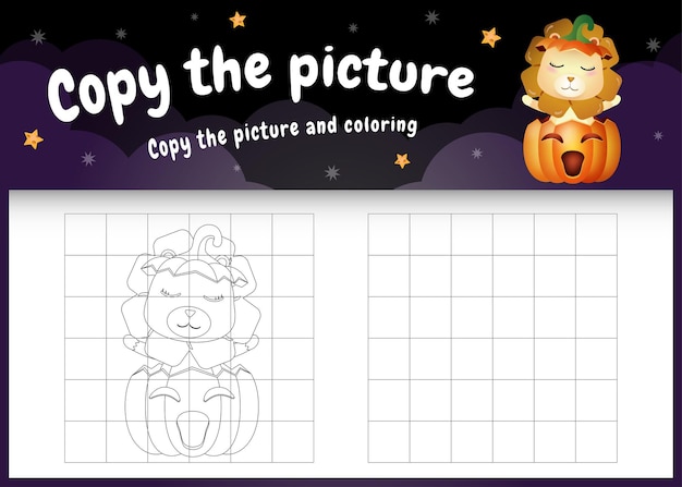 Copy the picture kids game and coloring page with a cute lion using halloween costume