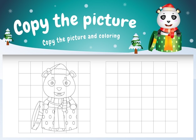 Copy the picture kids game and coloring page with a cute panda bear using christmas costume