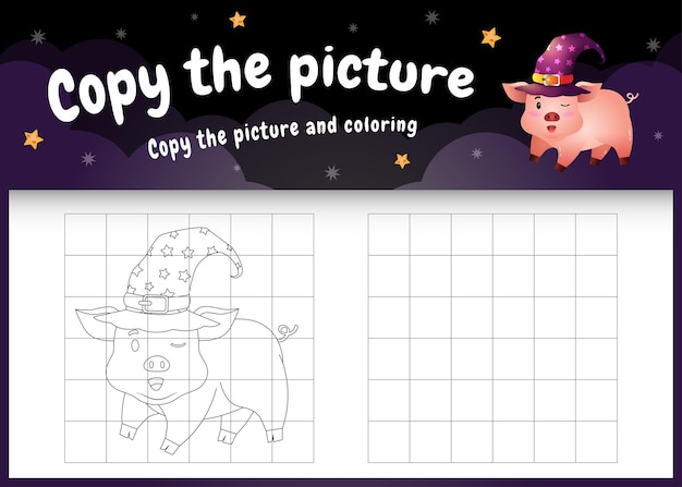 Copy the picture kids game and coloring page with a cute pig using halloween costume