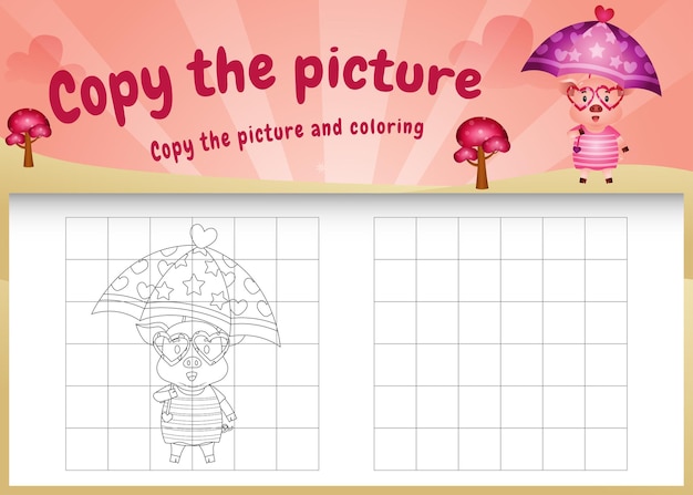 Copy the picture kids game and coloring page with a cute pigs using valentine costume