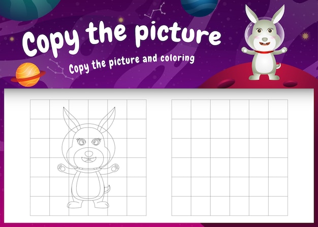 Copy the picture kids game and coloring page with a cute rabbit in the space galaxy