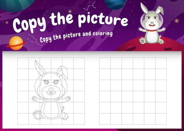 Copy the picture kids game and coloring page with a cute rabbit in the space galaxy