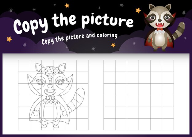 Copy the picture kids game and coloring page with a cute raccoon using halloween costume