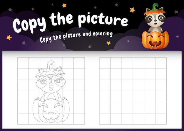 Copy the picture kids game and coloring page with a cute raccoon using halloween costume