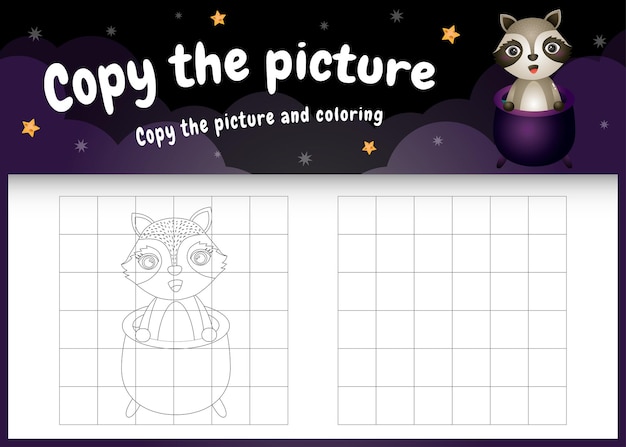 copy the picture kids game and coloring page with a cute raccoon using halloween costume