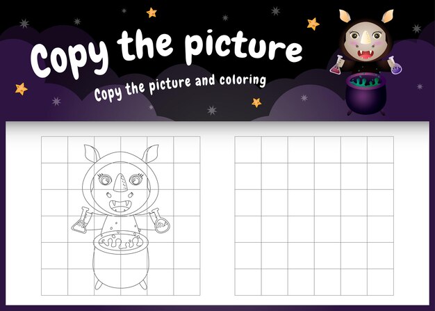 Скопируйте картинку детская игра и раскраска с милым носорогом в хеллоуинском костюме
