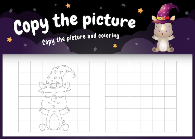 할로윈 의상을 사용하여 귀여운 코뿔소로 그림 어린이 게임 및 색칠 공부 페이지를 복사하십시오.