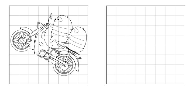 Copia l'immagine dei panda che guidano i cartoni animati della motocicletta