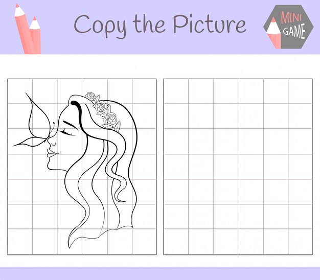 Copy the picture: sweet girl. Coloring book. Educational game for children. Vector illustration