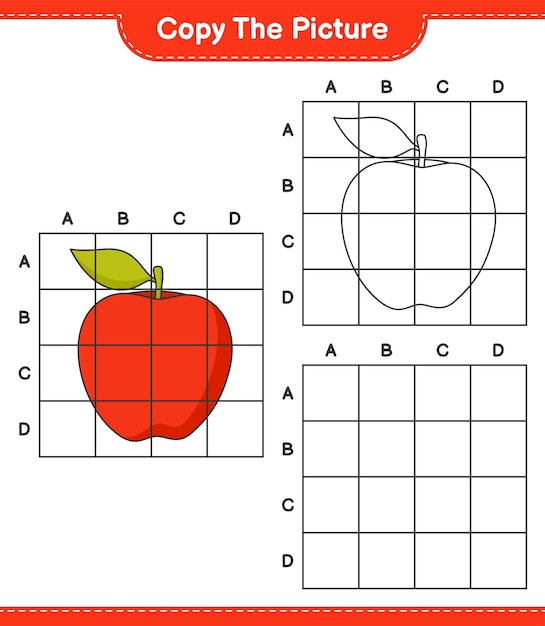 그림 복사 격자선을 사용하여 Apple의 그림 복사 교육용 어린이 게임 인쇄용 워크 시트 벡터 일러스트 레이션