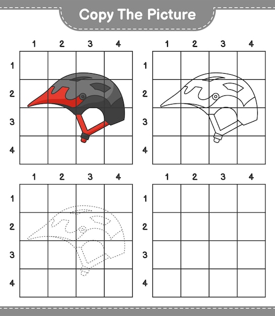 Скопируйте изображение, скопируйте изображение велосипедного шлема, используя линии сетки. развивающая детская игра.