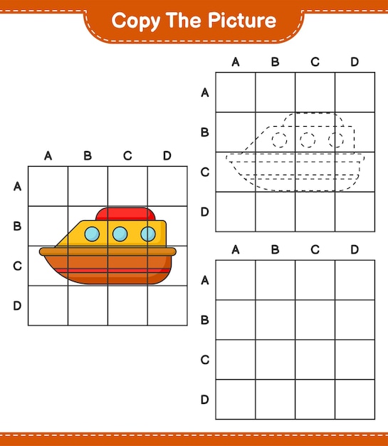 그림 복사 그리드 라인을 사용하여 보트의 그림 복사 교육용 어린이 게임 인쇄용 워크 시트 벡터 일러스트 레이션