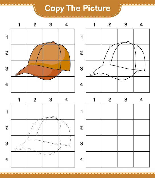 Скопируйте изображение, скопируйте изображение cap hat, используя линии сетки. развивающая детская игра.
