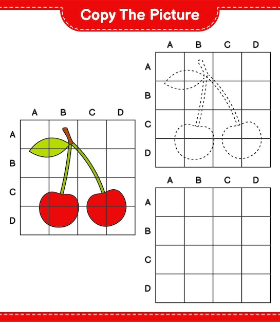 写真をコピーし、グリッド線を使用してチェリーの写真をコピーします。教育的な子供向けゲーム、印刷可能なワークシート
