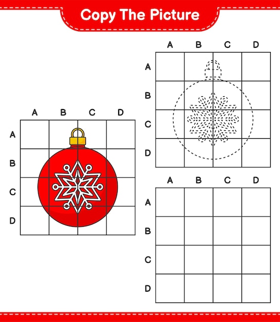 写真をコピーし、グリッド線を使用してクリスマスボールの写真をコピーします。教育的な子供たちのゲーム、印刷可能なワークシート、ベクトル図