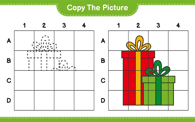 写真をコピーし、グリッド線を使用してギフトボックスの写真をコピーします。教育的な子供向けゲーム、印刷可能なワークシート