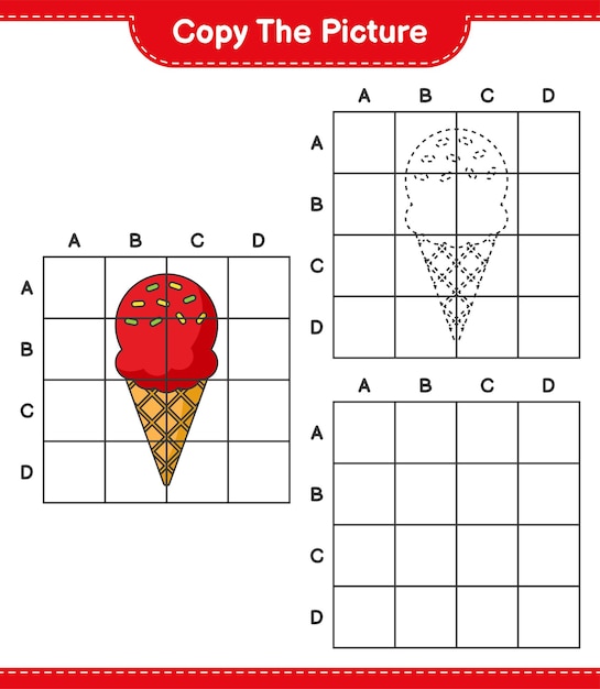 写真をコピーし、グリッド線を使用してアイスクリームの写真をコピーします。教育的な子供たちのゲーム、印刷可能なワークシート、ベクトル図