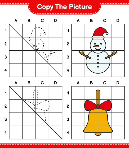 Скопируйте картинку, скопируйте изображение снеговика и золотых рождественских колокольчиков, используя линии сетки. развивающая детская игра, лист для печати