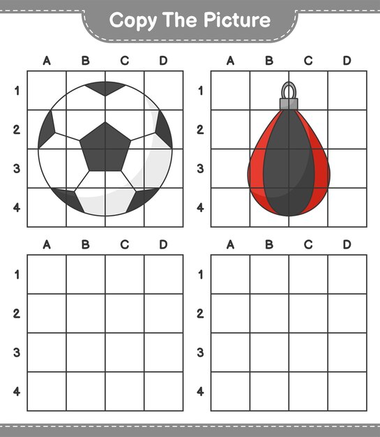 Скопируйте изображение, скопируйте изображение футбольного мяча и боксерской груши, используя линии сетки. развивающая детская игра, лист для печати, векторные иллюстрации