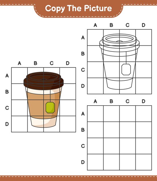 Скопируйте изображение, скопируйте изображение чашки чая, используя линии сетки. образовательная игра для детей. векторная иллюстрация листа для печати.