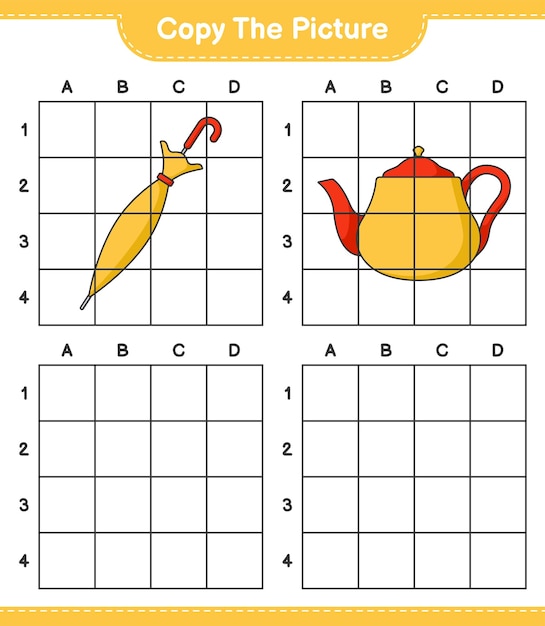 Скопируйте изображение, скопируйте изображение чайника и зонтика, используя линии сетки. образовательная детская игра для печати на векторной иллюстрации листа.