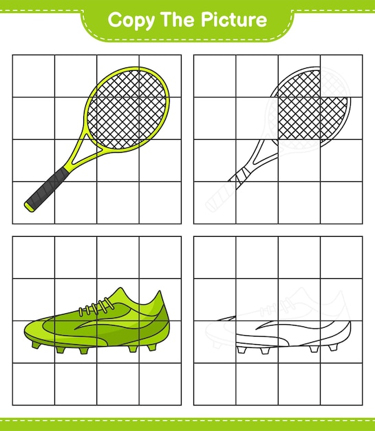 그림을 복사하고 격자선을 사용하여 테니스 라켓과 축구화의 그림을 복사합니다. 교육 어린이 게임, 인쇄용 워크시트, 벡터 일러스트 레이 션