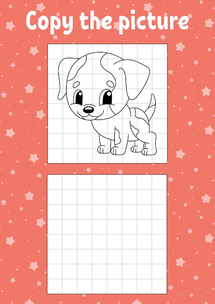 画像をコピーします。犬の動物。子供向けの塗り絵ページ。教育開発ワークシート。