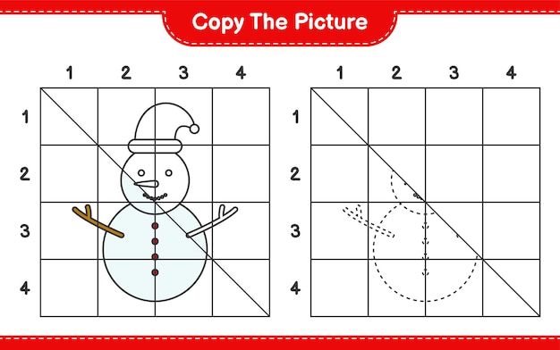 グリッド線を使用して雪だるまの絵教育ワークシートゲームをコピーする