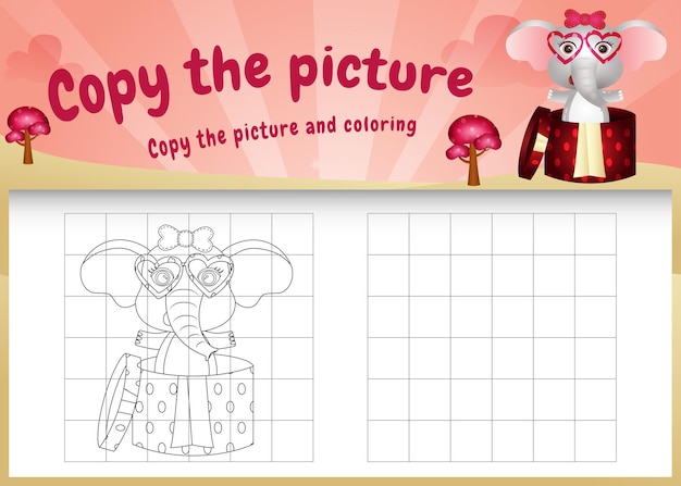 발렌타인 의상을 사용하여 귀여운 코끼리와 함께 그림 키즈 게임 및 색칠 공부 페이지를 복사하십시오.