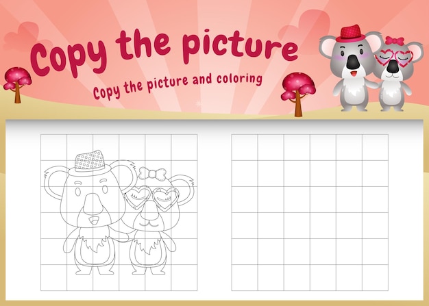 발렌타인 의상을 사용하여 귀여운 코알라와 함께 그림 어린이 게임 및 색칠 공부 페이지를 복사하십시오.