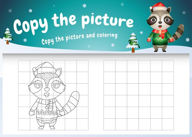 크리스마스 의상을 사용하여 귀여운 너구리와 함께 그림 키즈 게임 및 색칠 공부 페이지를 복사하십시오.