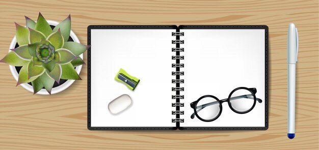 Vector copybook white notebook and green cactus