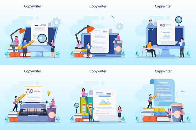 카피라이터 웹 배너 또는 방문 페이지 세트 텍스트 쓰기 아이디어 평면 벡터
