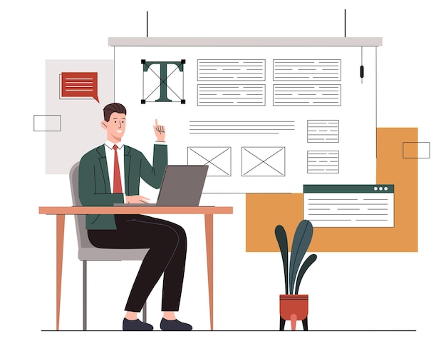 copywriter with article man in suit with laptop writes articles for website copywriter and seo specialist remote employee and freelancer poster or banner flat vector illustration