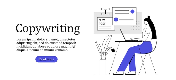 Vector copywriting concept met karakter platte zwarte en blauwe vectorillustratie