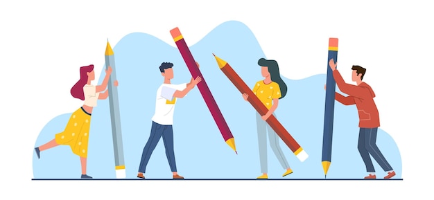 Copywriting en bloggen jongens en meisjes met enorme potloden Schrijver personage of content manager staat met pen Creatief schrijfgereedschap cartoon platte stijl illustratie Vector marketing concept
