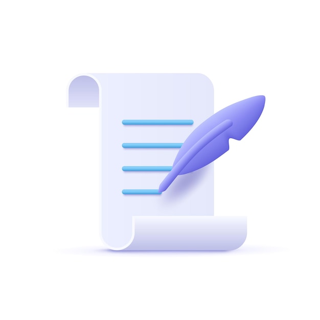 Copywriting writing icon document and feather pen 3d vector illustration