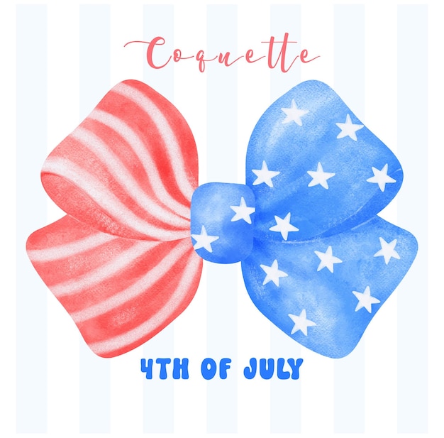 Coquette 4th of july stars and stripes ribbon bow watercolor art