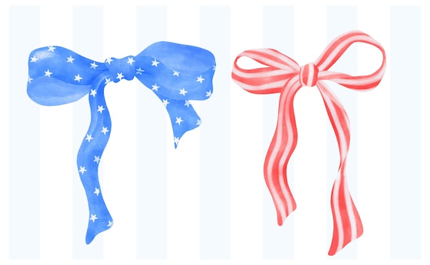 Vector coquette 4th of july stars and stripes ribbon bows watercolor vector illustration