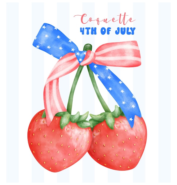 Coquette 4th of july strawberries with stars and stripes ribbon bow watercolor