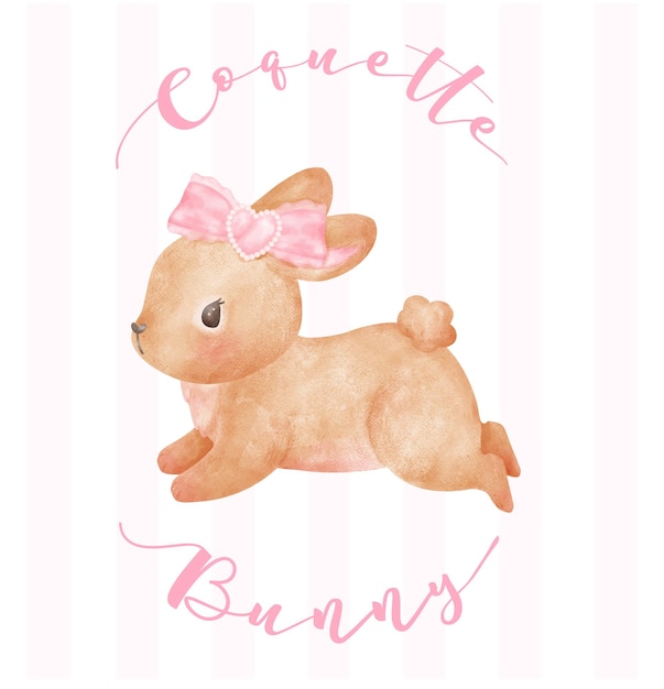 Vector coquette bunny adorable bruin konijn met roze lint boog waterverf esthetisch schilderij