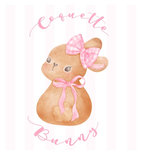 Vector coquette bunny bruin konijn met roze lint boog waterverf esthetische schilderij