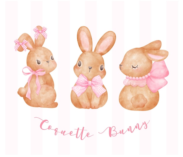 Coquette bunny set two adorable brown rabbits with pink ribbon bow watercolor aesthetic painting